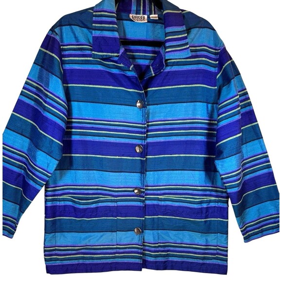 Vintage Chico's Jacket Blazer Women's Size Medium 100% Silk Striped‎ Blue Y2K - Picture 3 of 11